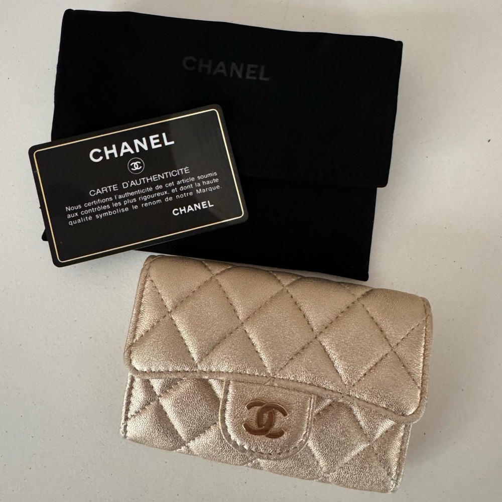 Authentic Chanel Metallic Gold Lambskin Quilted Flap Card Holder Wallet